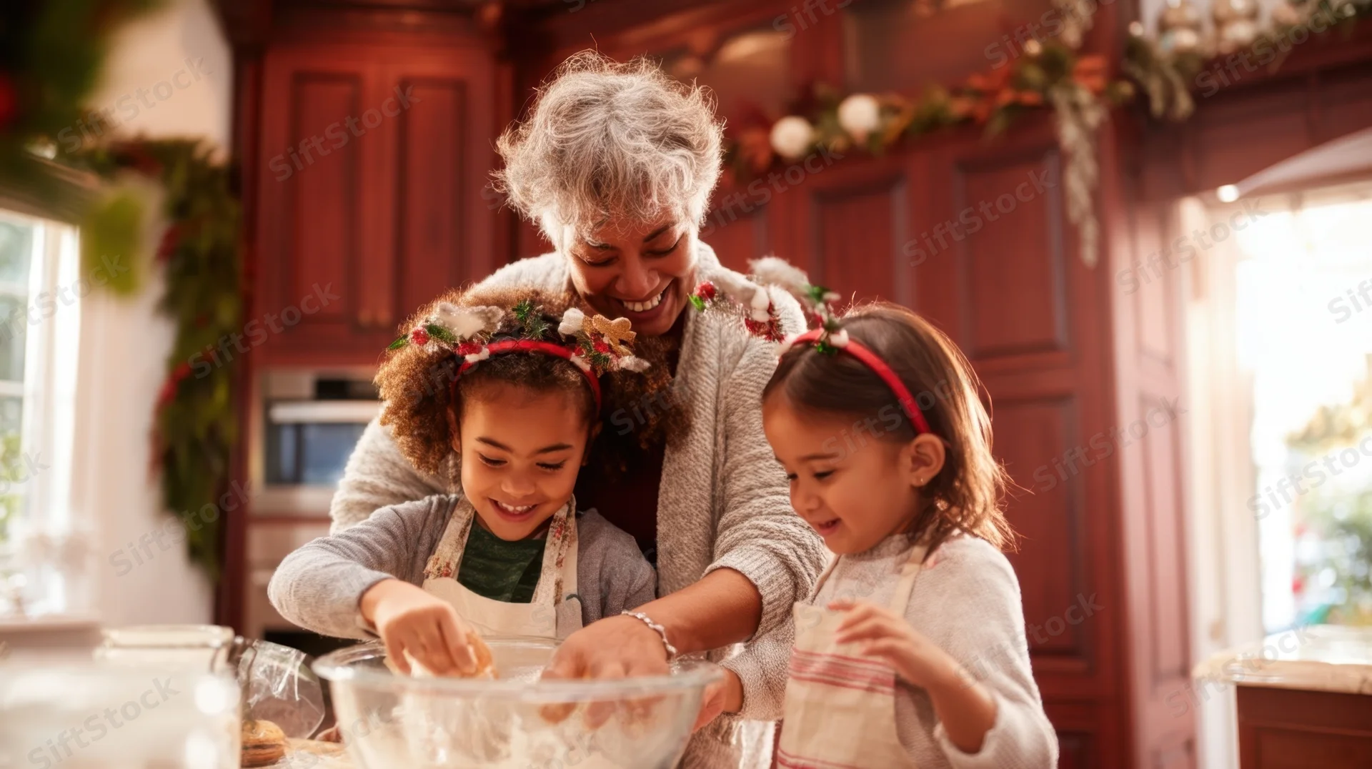 Grandmother and two young girls baking together in a decorated kitchen during the holiday season