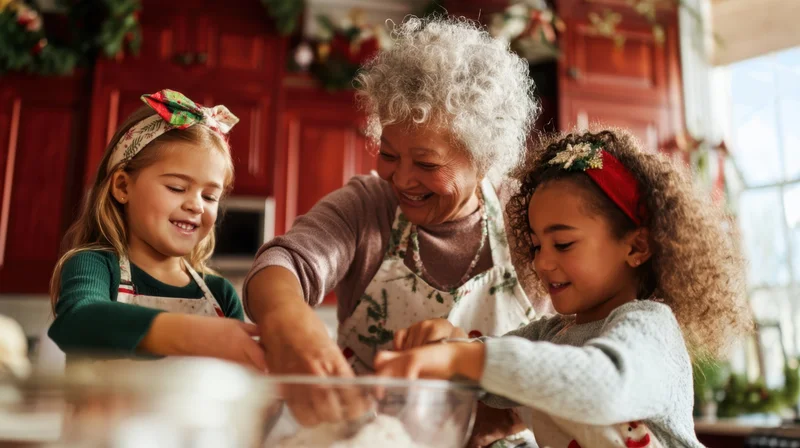 Grandmother and two young girls mixing ingredients in a decorated kitchen during christmas