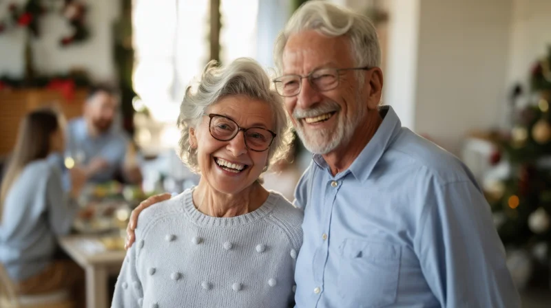 Elderly couple smiling and embracing during a family christmas dinner at home