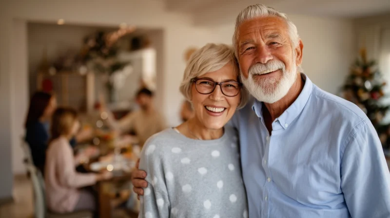 Happy senior couple smiling together at home during family holiday gathering