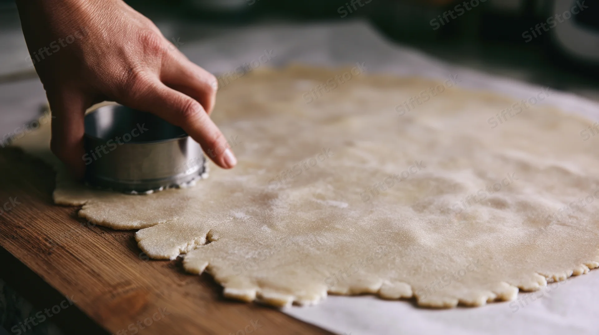 Woman's hand using a metal cookie cutter to cut shapes from rolled-out dough on a wooden board