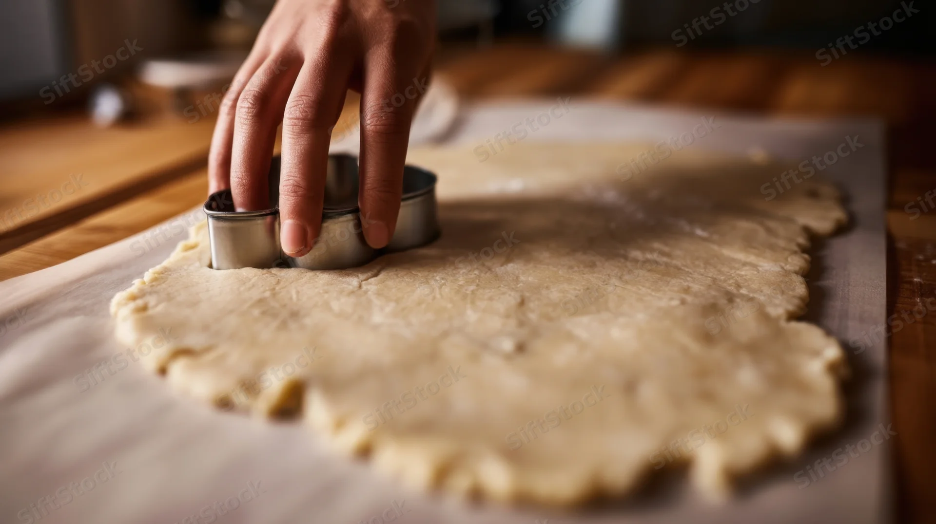 Woman's hand pressing a metal cookie cutter into rolled-out dough on parchment paper in a kitchen