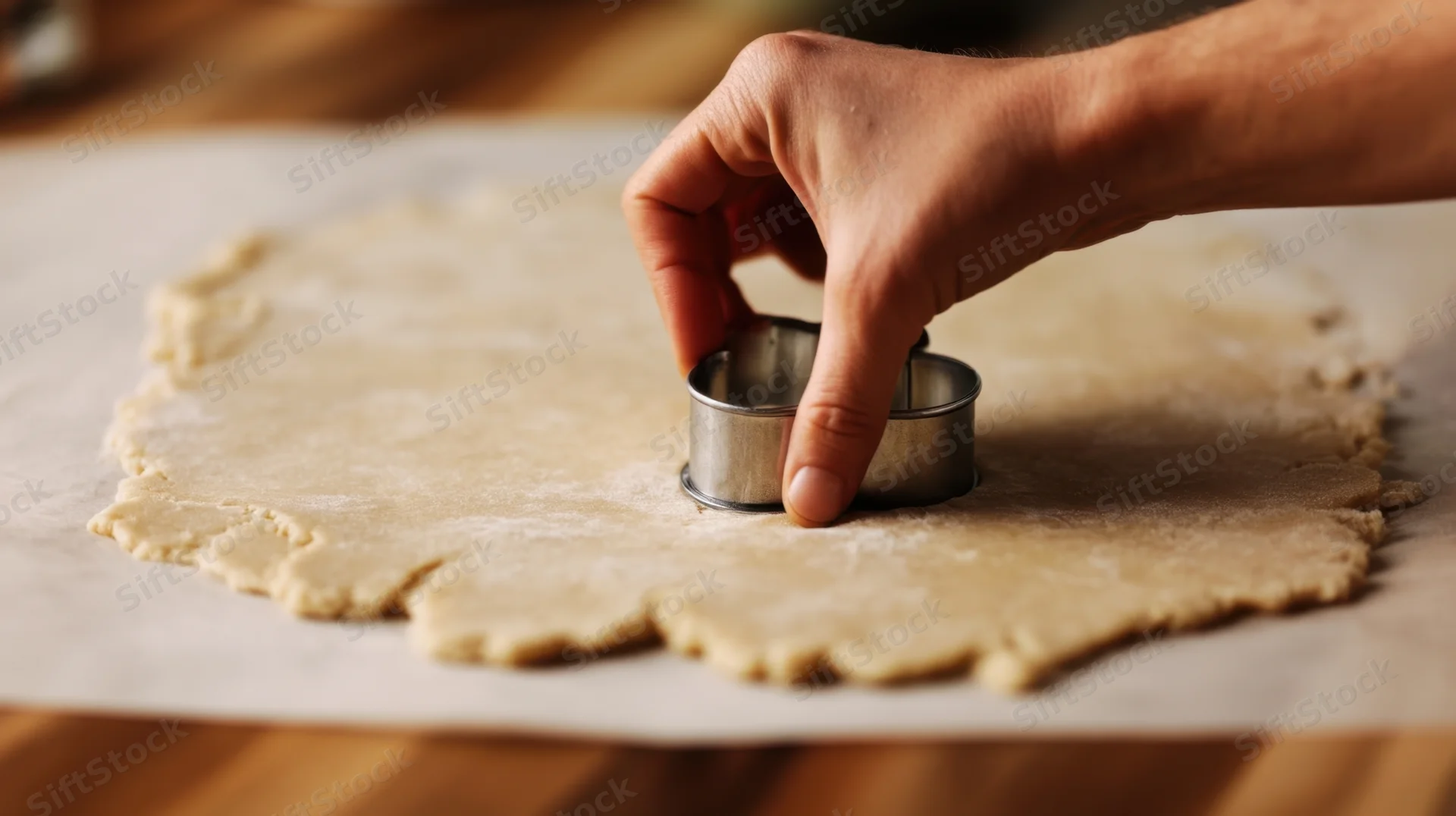 Hand pressing a metal cookie cutter into rolled-out dough on parchment paper on a wooden surface