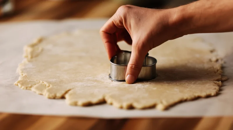 Hand pressing a metal cookie cutter into rolled-out dough on parchment paper on a wooden surface