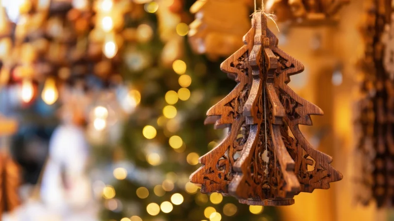 Wooden christmas ornament hanging in front of blurred festive lights