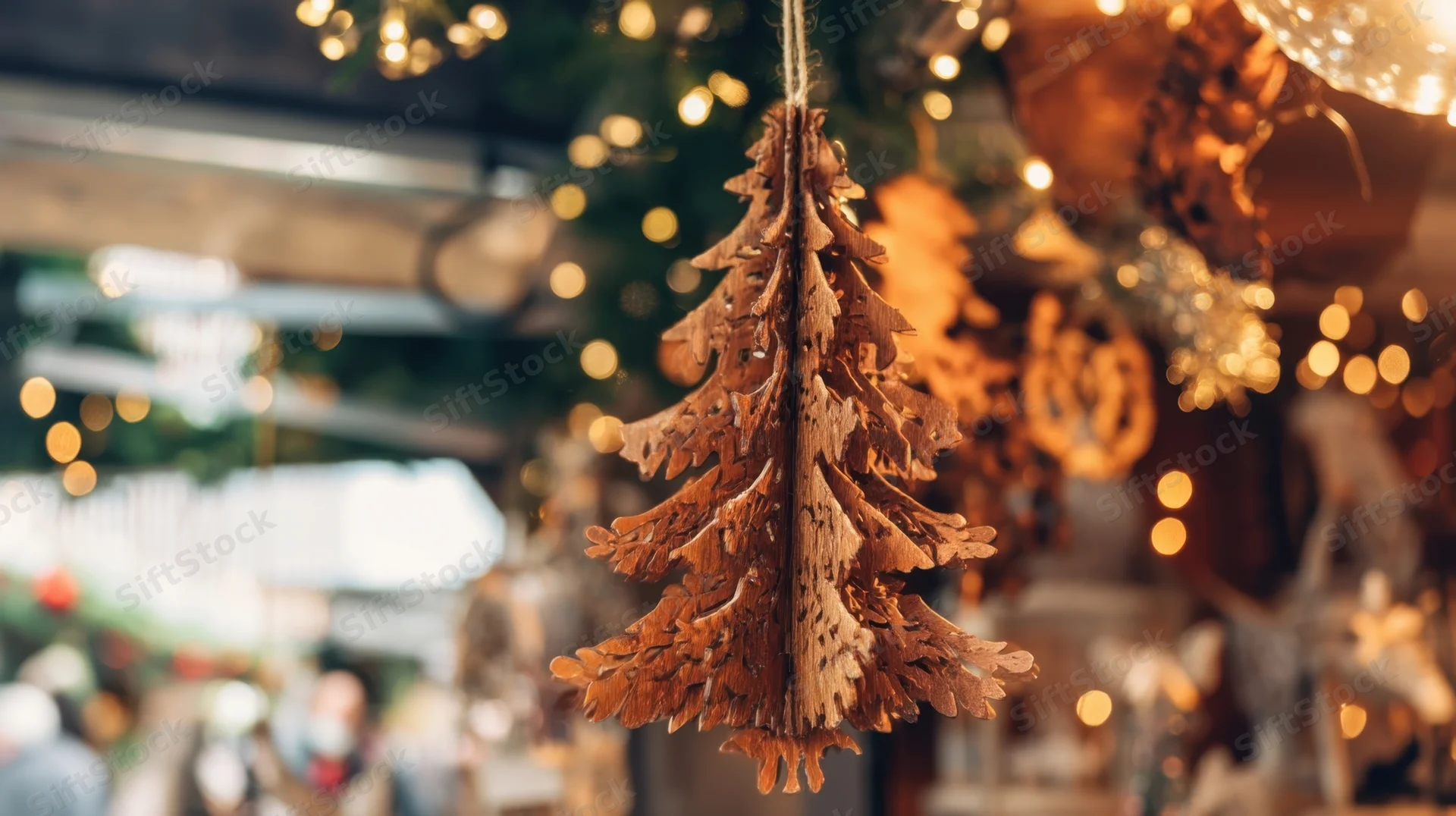 Wooden christmas tree ornament hanging in soft focus at a holiday market display