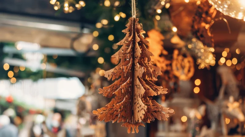 Wooden christmas tree ornament hanging in soft focus at a holiday market display