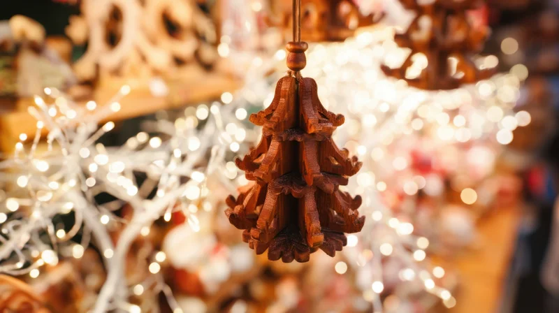 Wooden christmas tree ornament hanging in soft focus with blurred festive lights in background