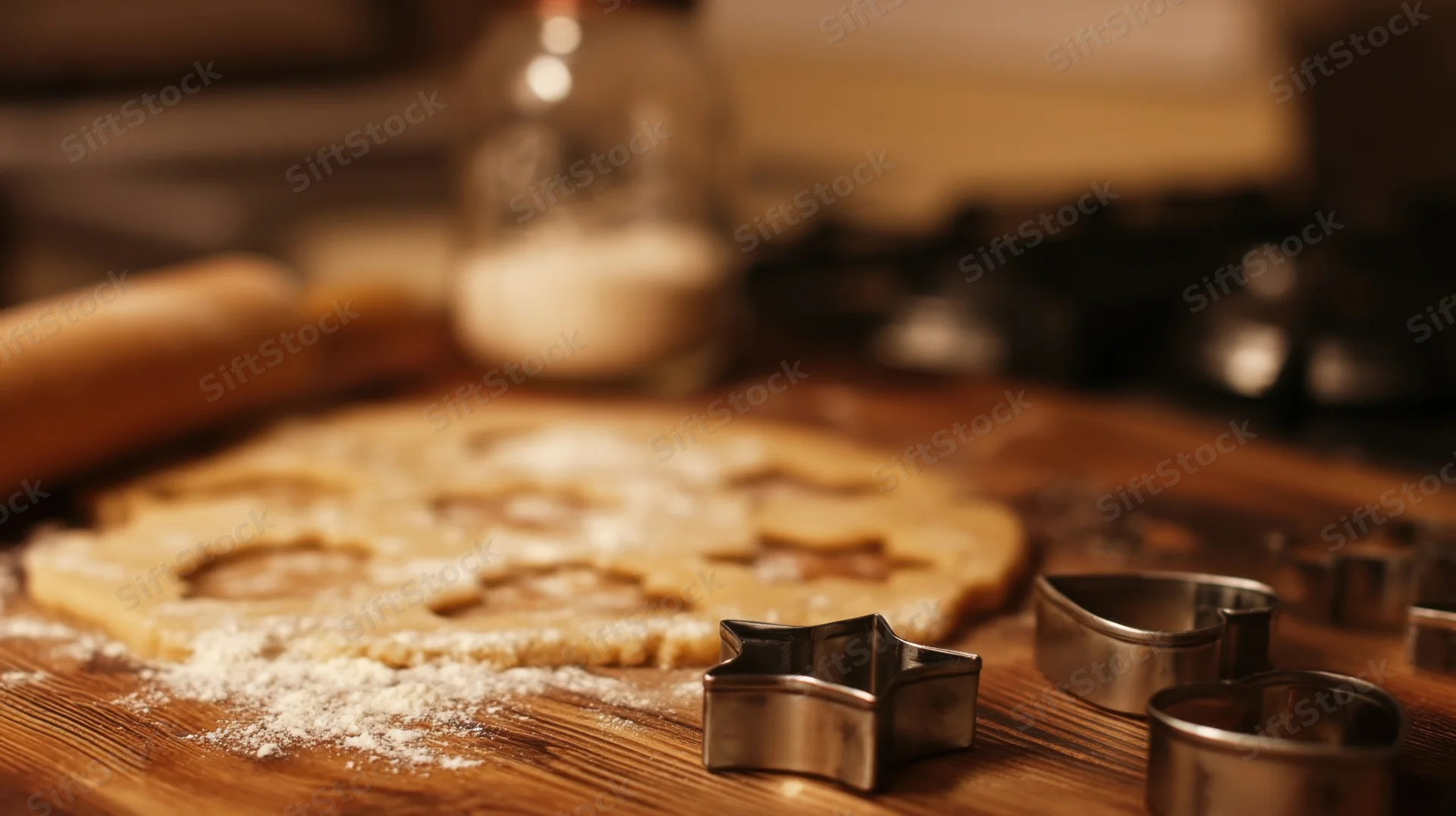 Rolled cookie dough with metal cutters on a wooden kitchen countertop