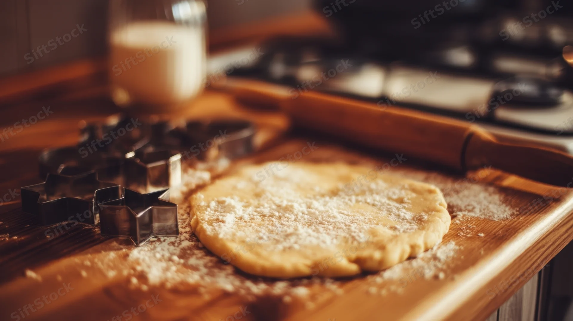 Rolled cookie dough on a wooden countertop with star-shaped cutters and flour dusting