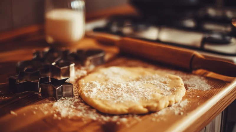 Rolled cookie dough on a wooden countertop with star-shaped cutters and flour dusting