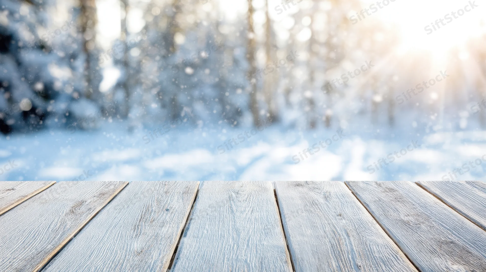 White-washed wooden table in snowy forest setting with blurred background and copyspace