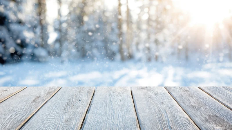 White-washed wooden table in snowy forest setting with blurred background and copyspace