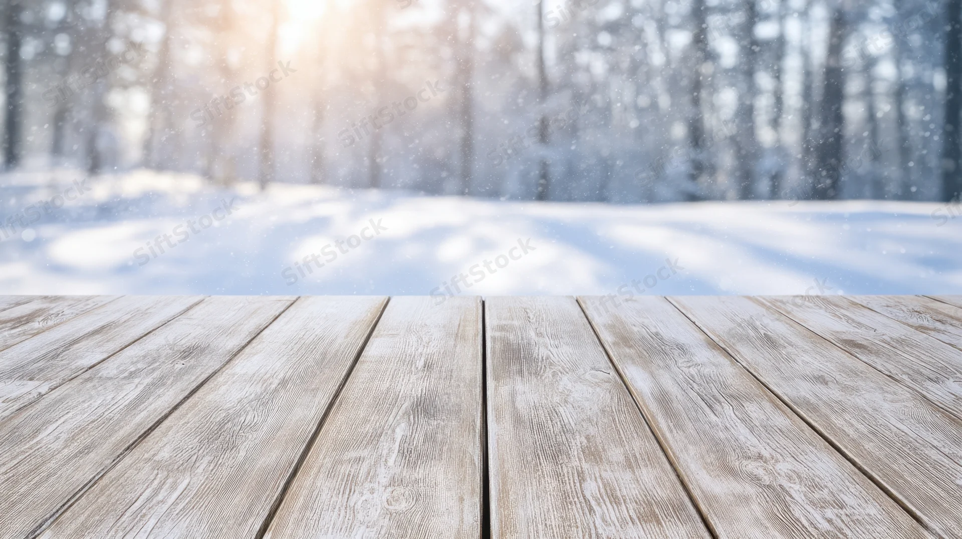 Wooden table surface in front of snowy forest landscape during winter day