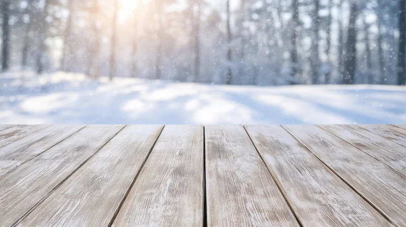 Wooden table surface in front of snowy forest landscape during winter day