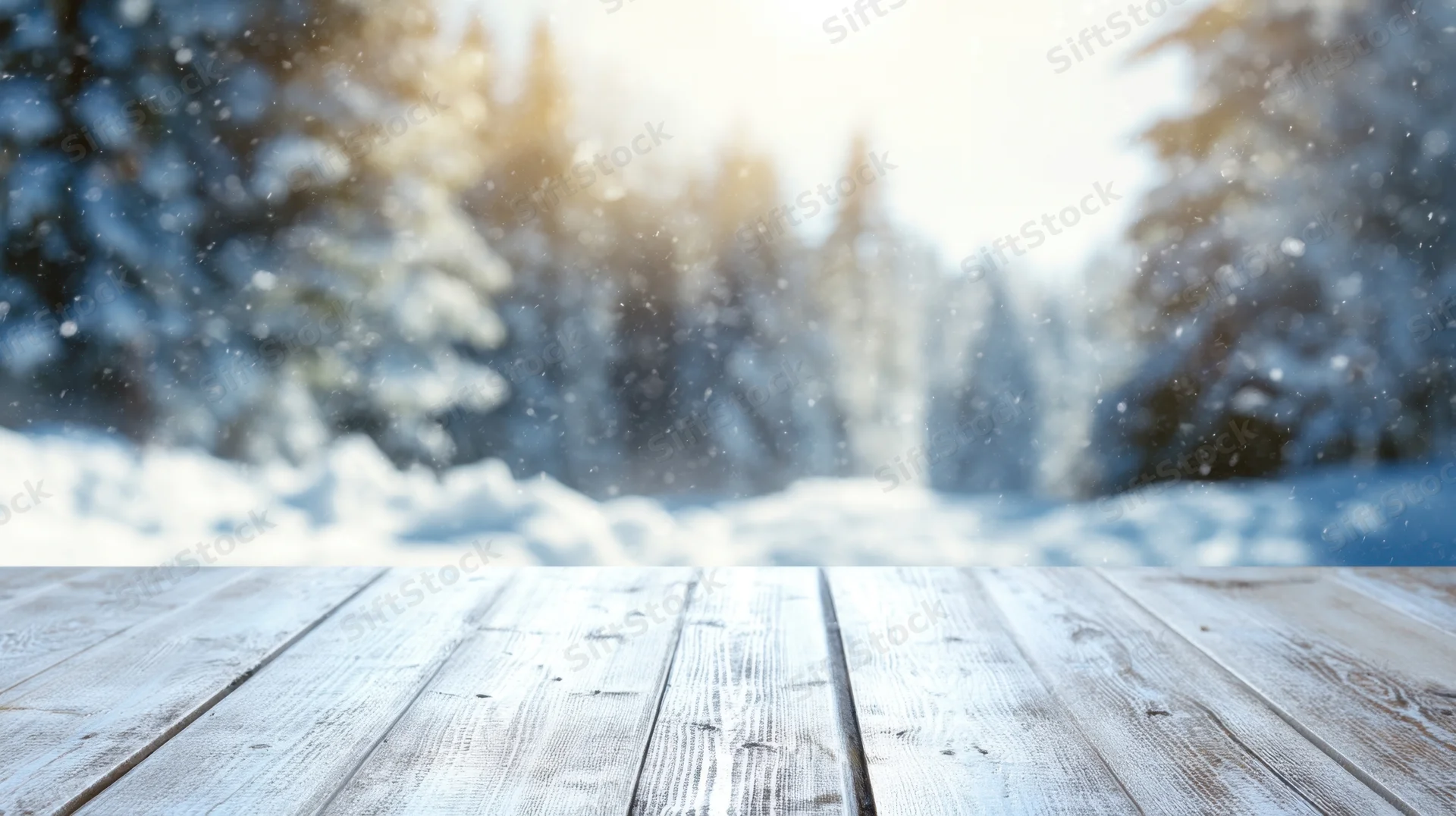 White-washed wooden table in front of snowy forest at dawn