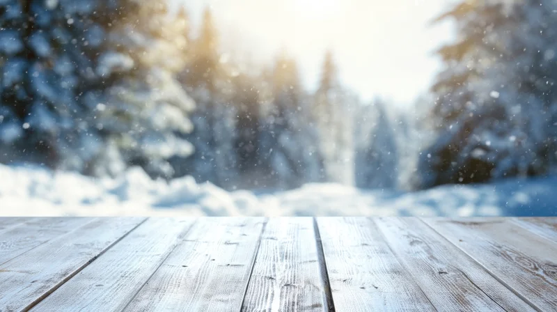 White-washed wooden table in front of snowy forest at dawn