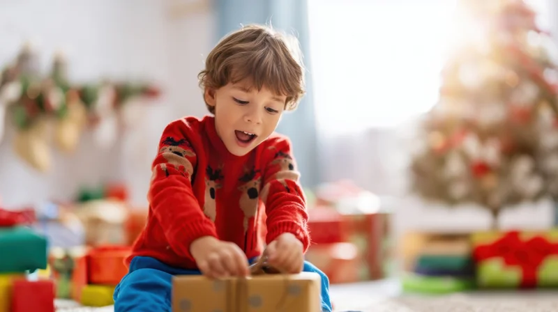 Young boy opening a christmas gift on the floor in a decorated living room