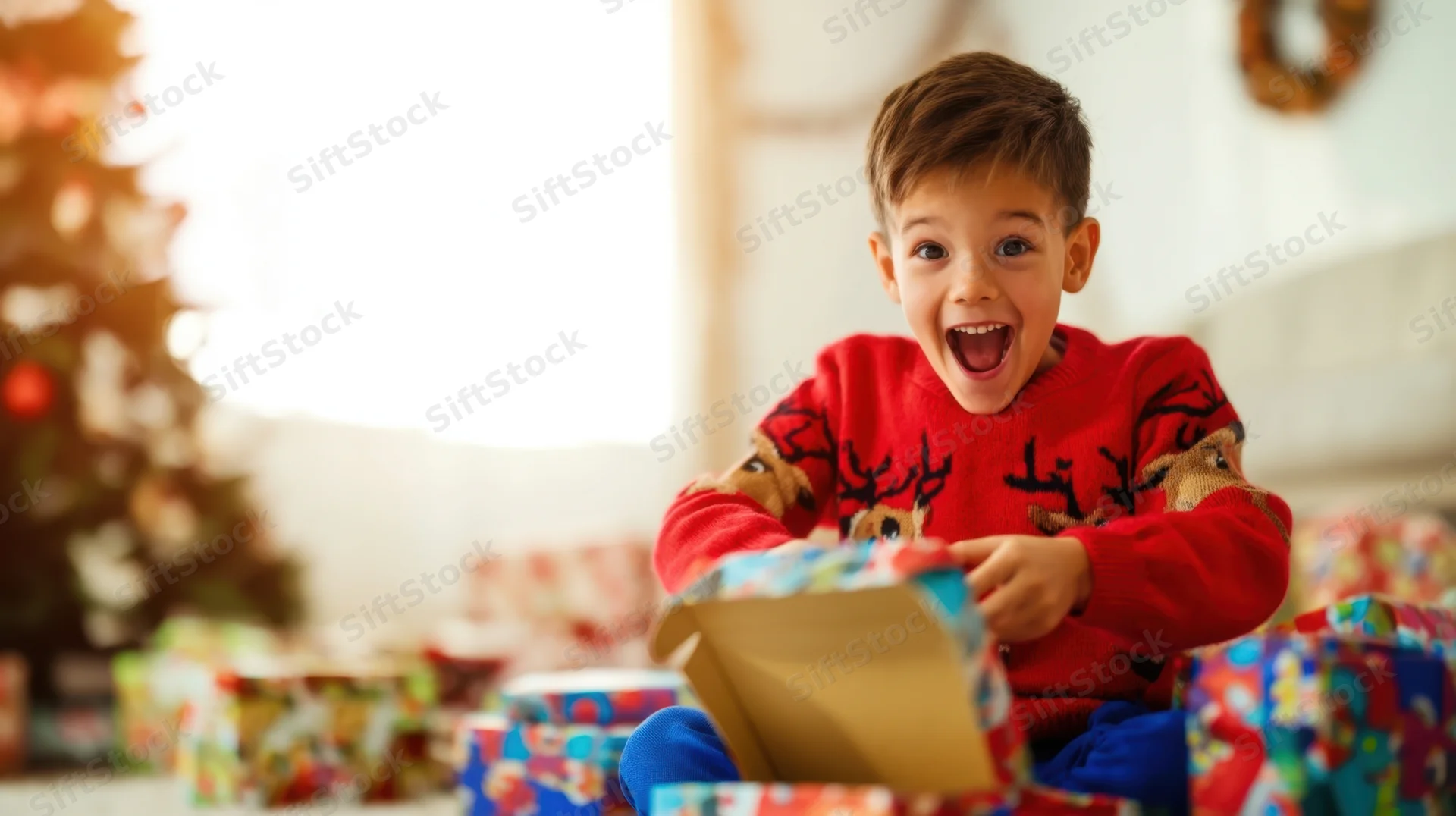 Young boy opening a christmas gift in a red sweater at home