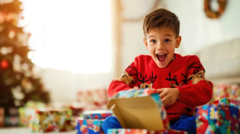 Young boy opening a christmas gift in a red sweater at home