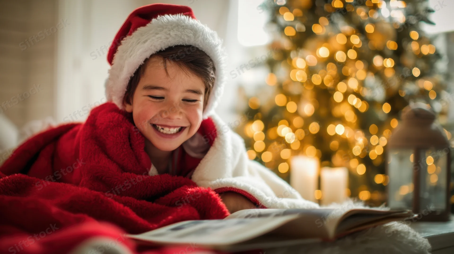 Young boy in santa hat reading book under red blanket near christmas tree