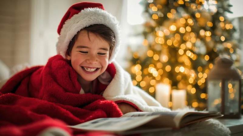 Young boy in santa hat reading book under red blanket near christmas tree