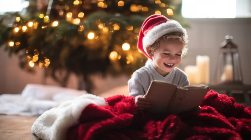 Young boy wearing santa hat reading book under christmas tree at home