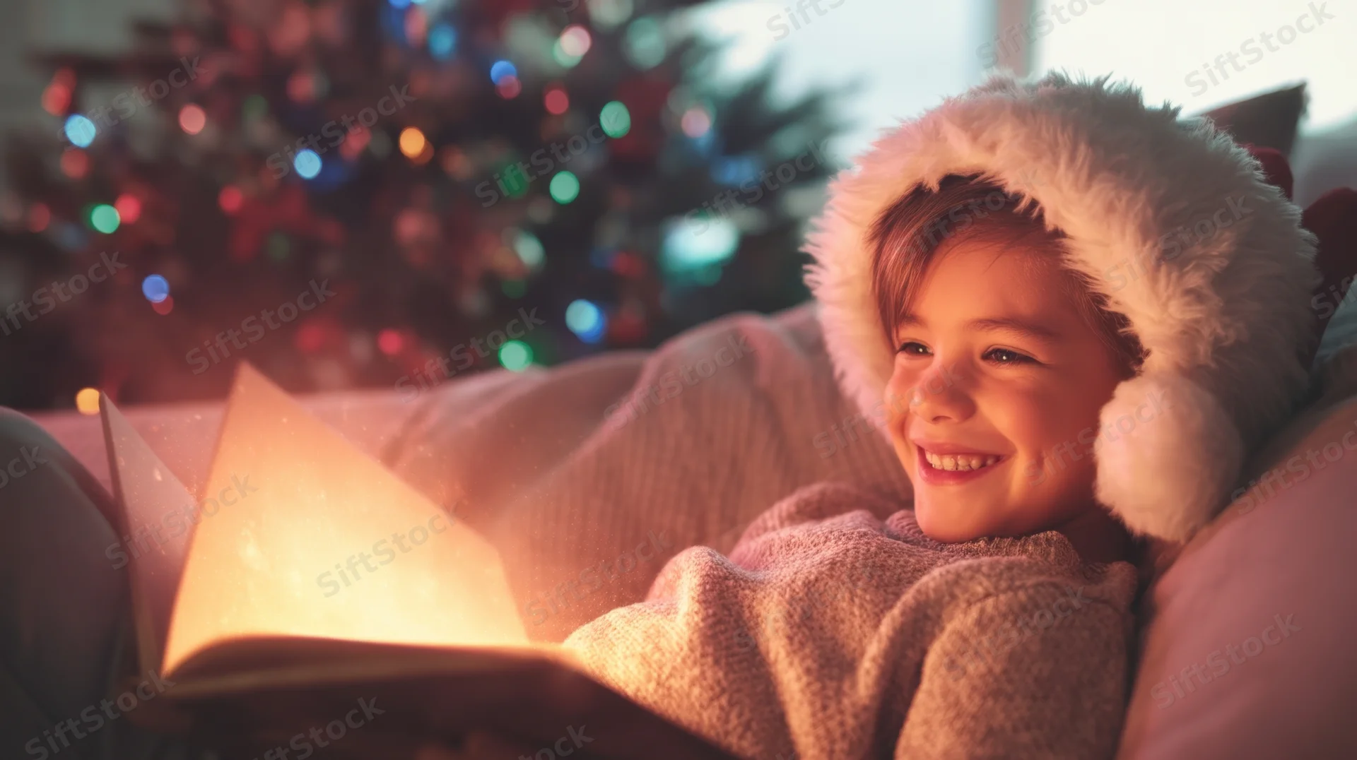 Young boy smiling while reading a glowing book indoors near a decorated christmas tree