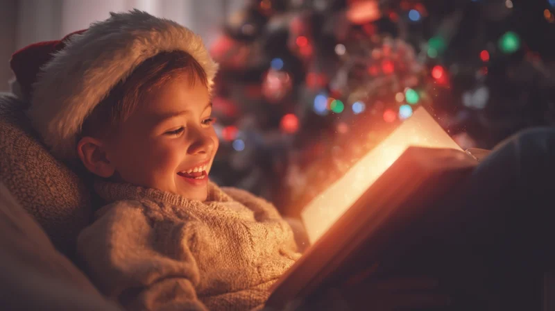 Young boy wearing santa hat reading a glowing book by a decorated christmas tree indoors