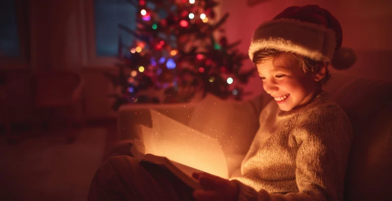 Young boy wearing santa hat reading a glowing book in front of a christmas tree at night