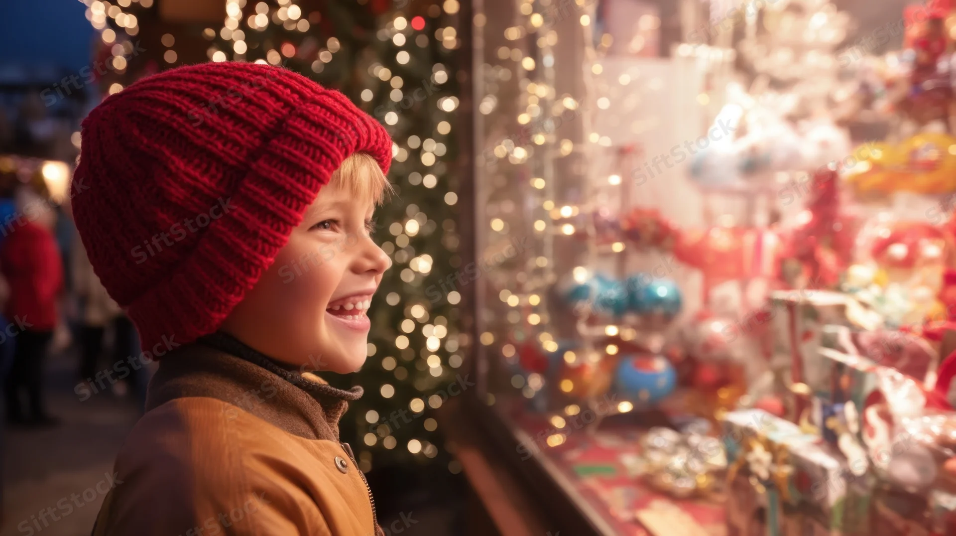 Young boy smiling in profile at a lit christmas toy display window at night