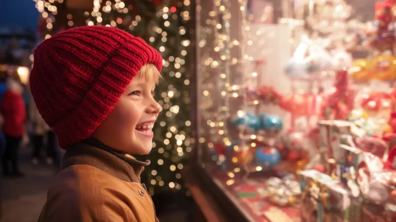Young boy smiling in profile at a lit christmas toy display window at night
