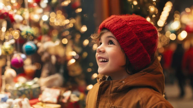 Young boy smiling in red knit hat at christmas market display