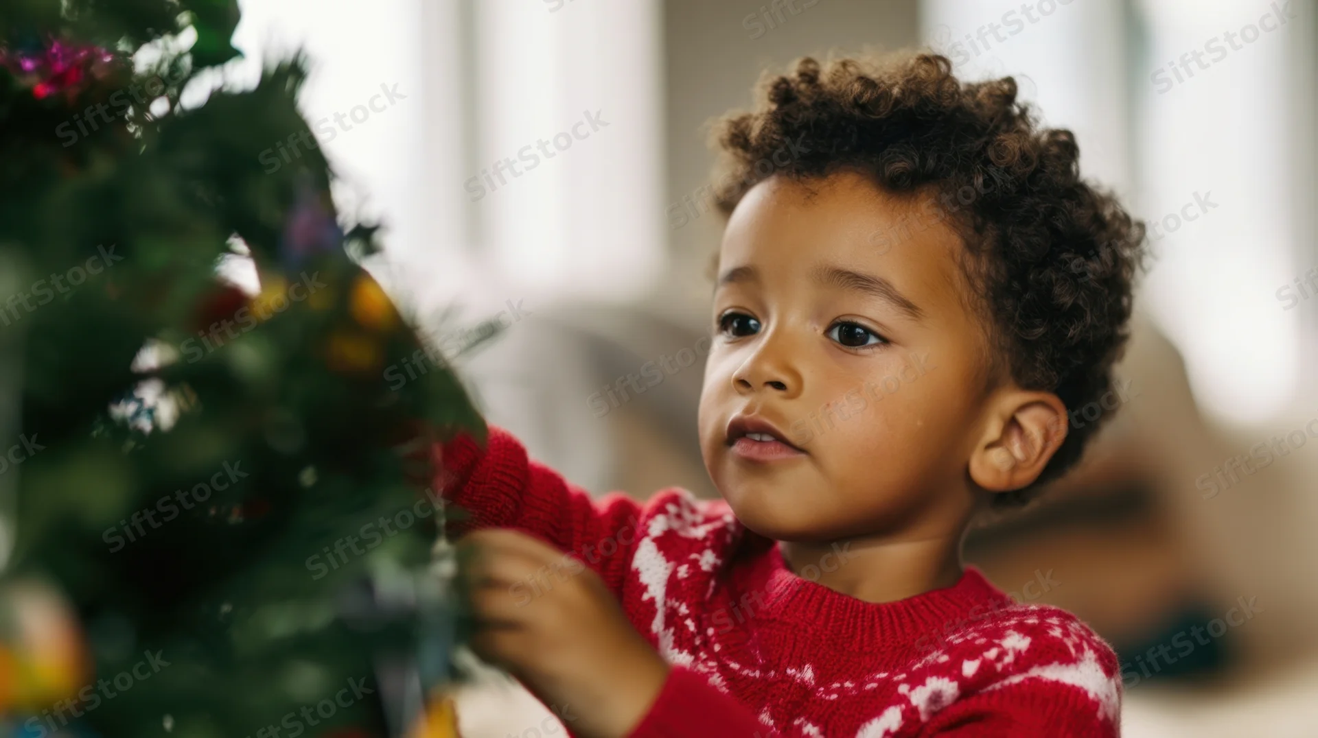 Young child decorating a christmas tree in a living room wearing a red sweater