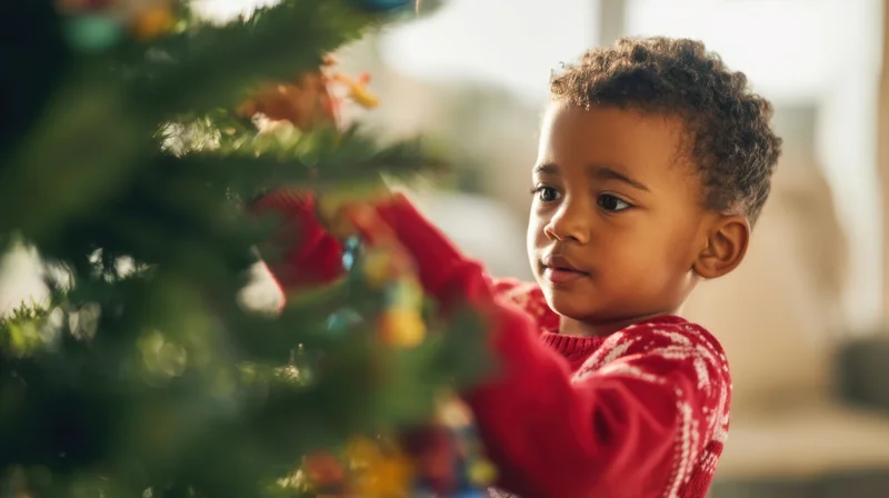 Young black boy decorating a christmas tree in a living room wearing a red sweater