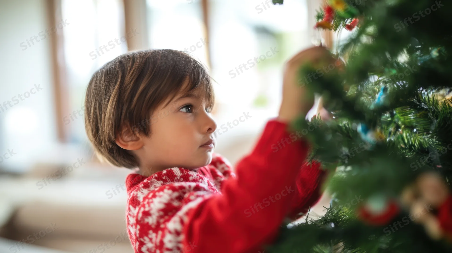 Young boy in red sweater decorating christmas tree indoors