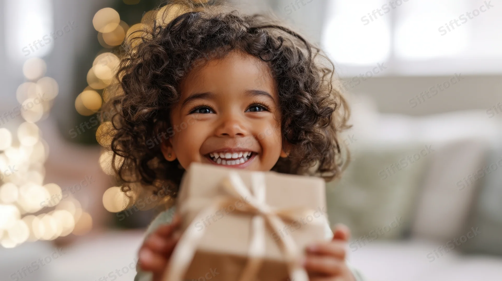 Young girl smiling while holding a wrapped gift box in a cozy living room with holiday lights in the background