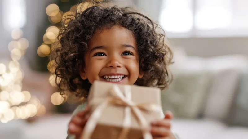 Young girl smiling while holding a wrapped gift box in a cozy living room with holiday lights in the background