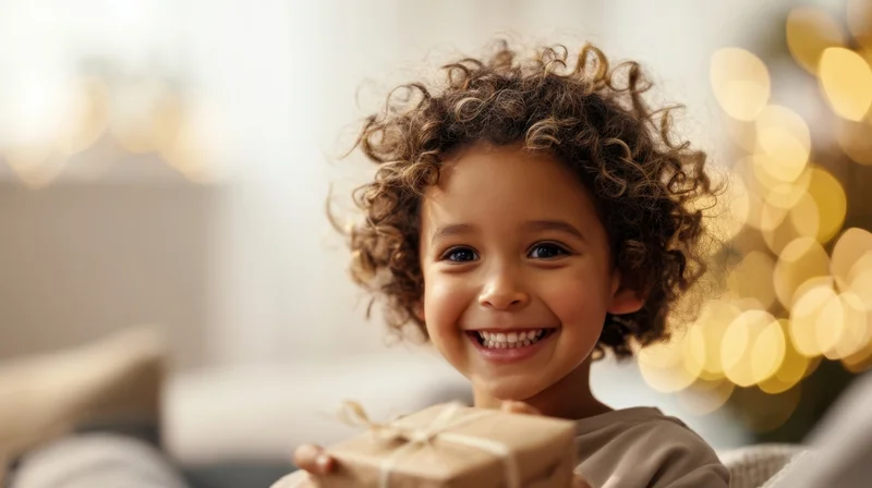 Young girl smiling while holding a small wrapped gift indoors with festive lights in the background