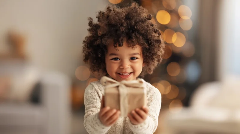 Young child with curly hair smiling while holding a wrapped gift box indoors near festive lights
