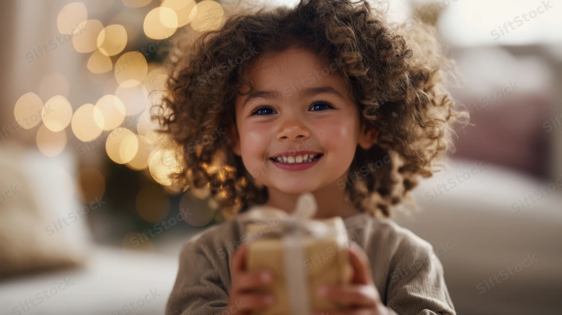 Young girl with curly hair smiling while holding a wrapped gift indoors near festive lights