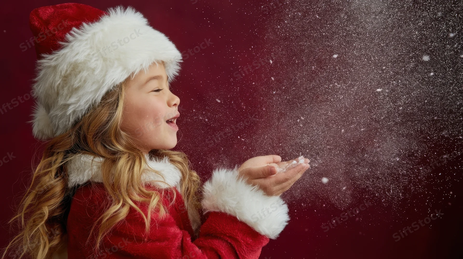 Young girl in red santa costume blowing glitter snow against dark red backdrop