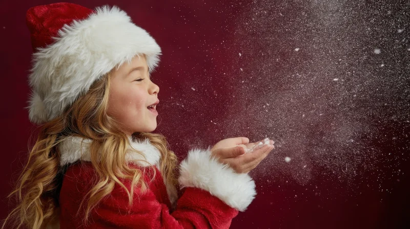 Young girl in red santa costume blowing glitter snow against dark red backdrop