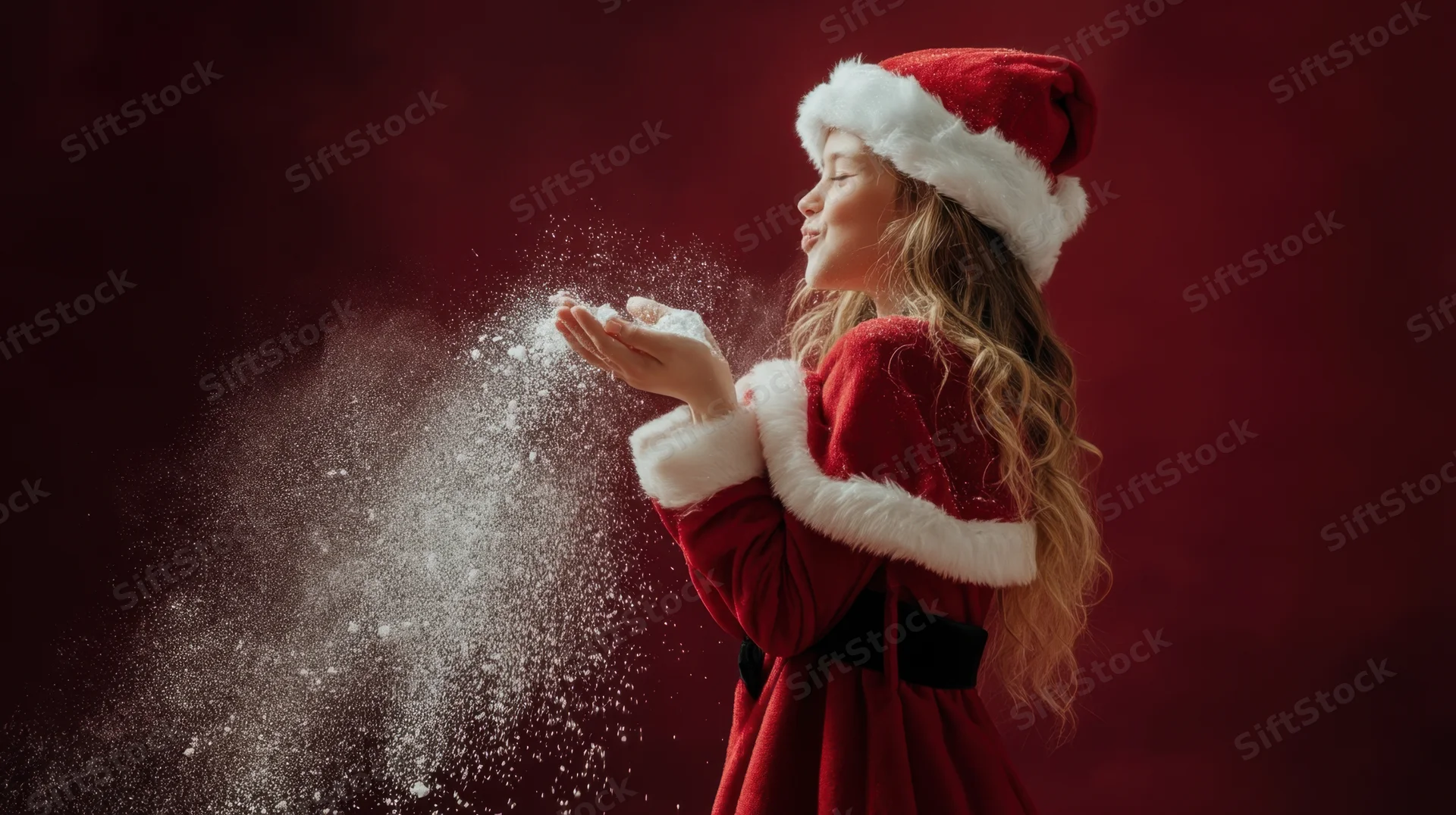 Young girl in santa costume blowing snow from her hands against red background