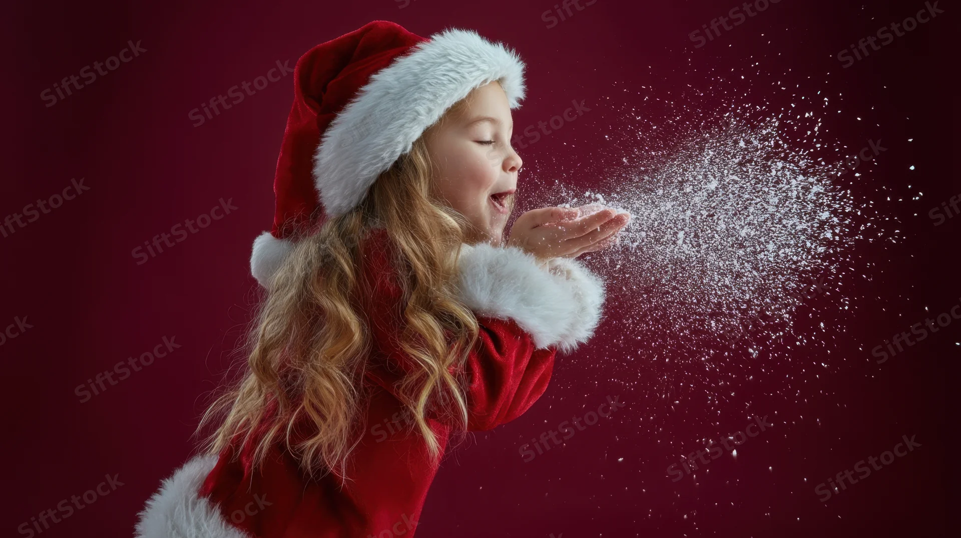 Young girl in santa costume blowing glitter from her hand against dark red background