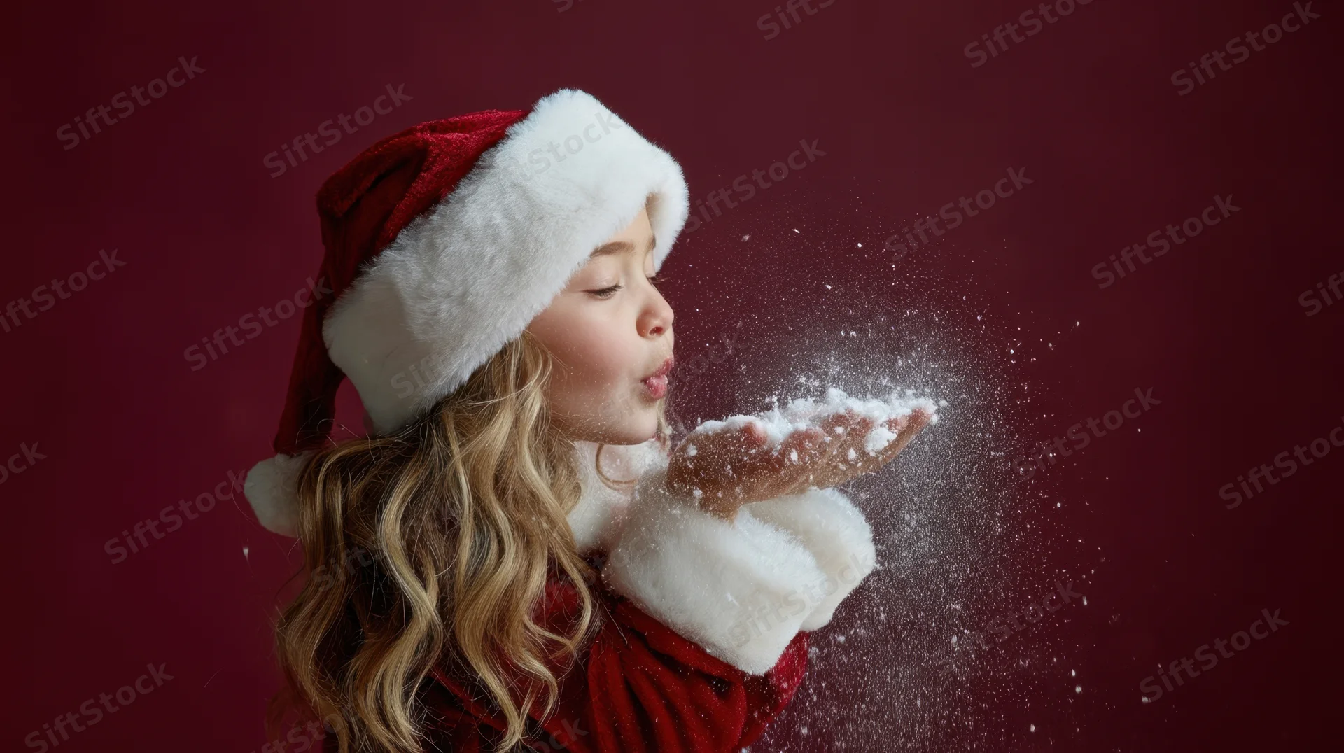 Young girl in santa costume blowing snow from her hands against a maroon background