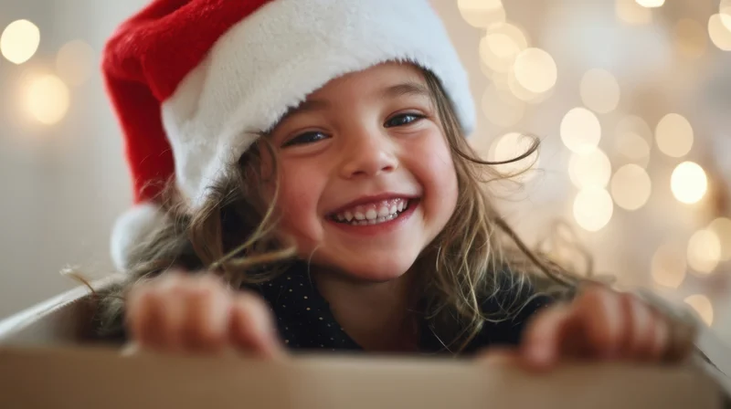 Young girl in santa hat peeking from inside a gift box with festive lights behind her