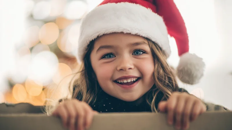 Young girl in santa hat peeking over a cardboard box with festive lights in background