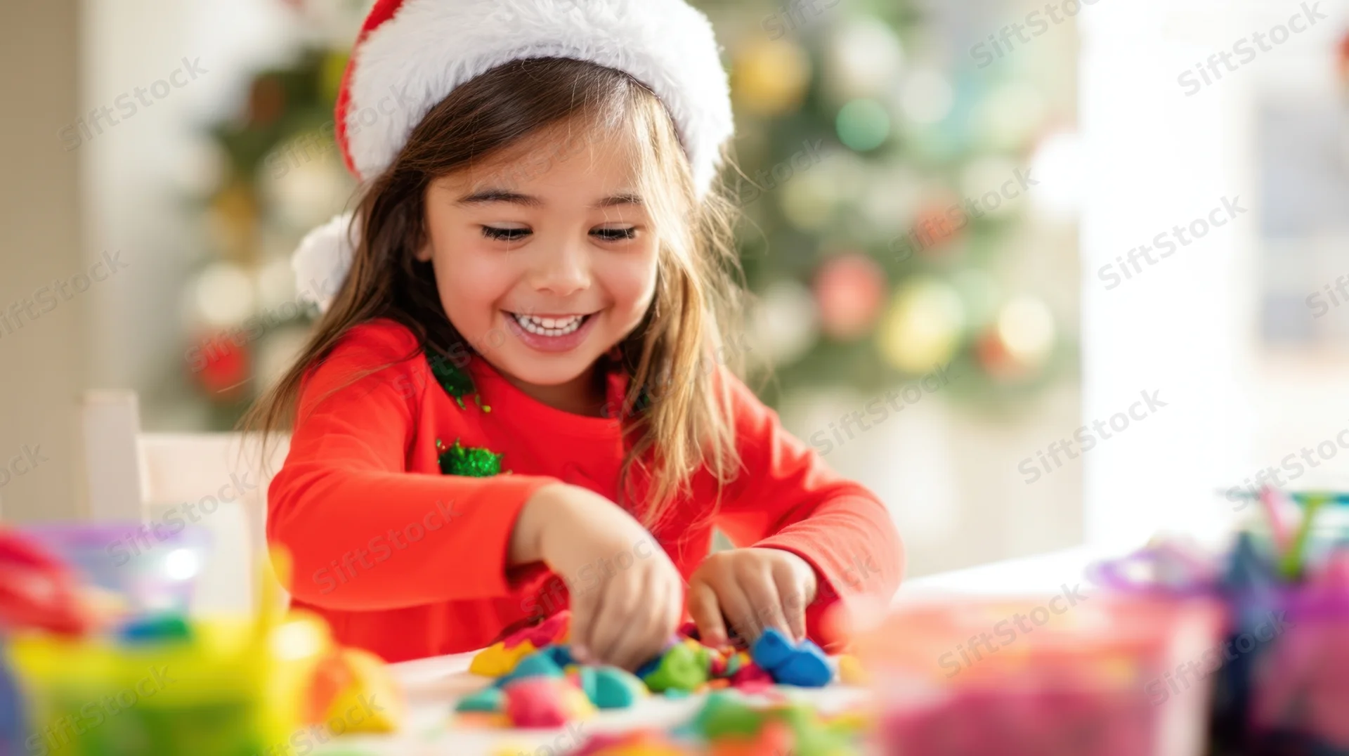 Young girl smiling while crafting with colorful playdough at a table in front of a christmas tree