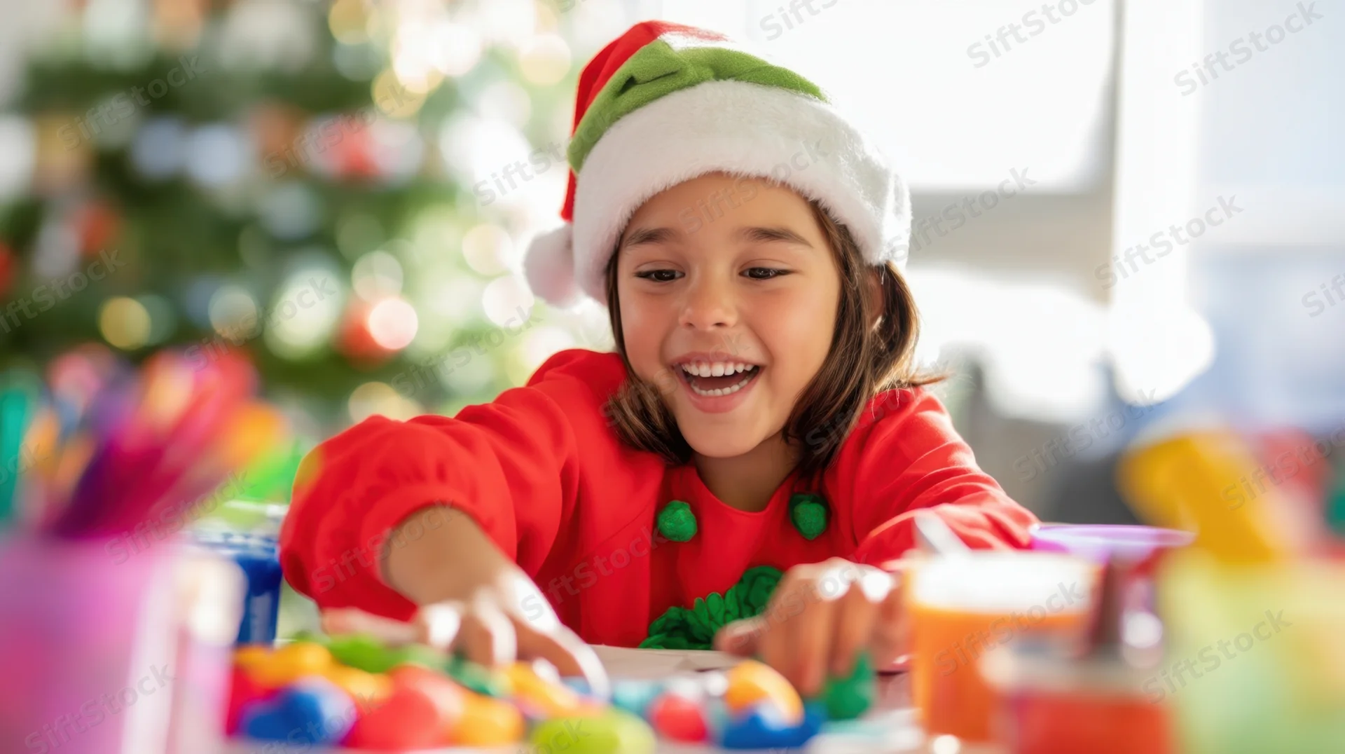 Young girl smiling while crafting at a table with christmas tree in background